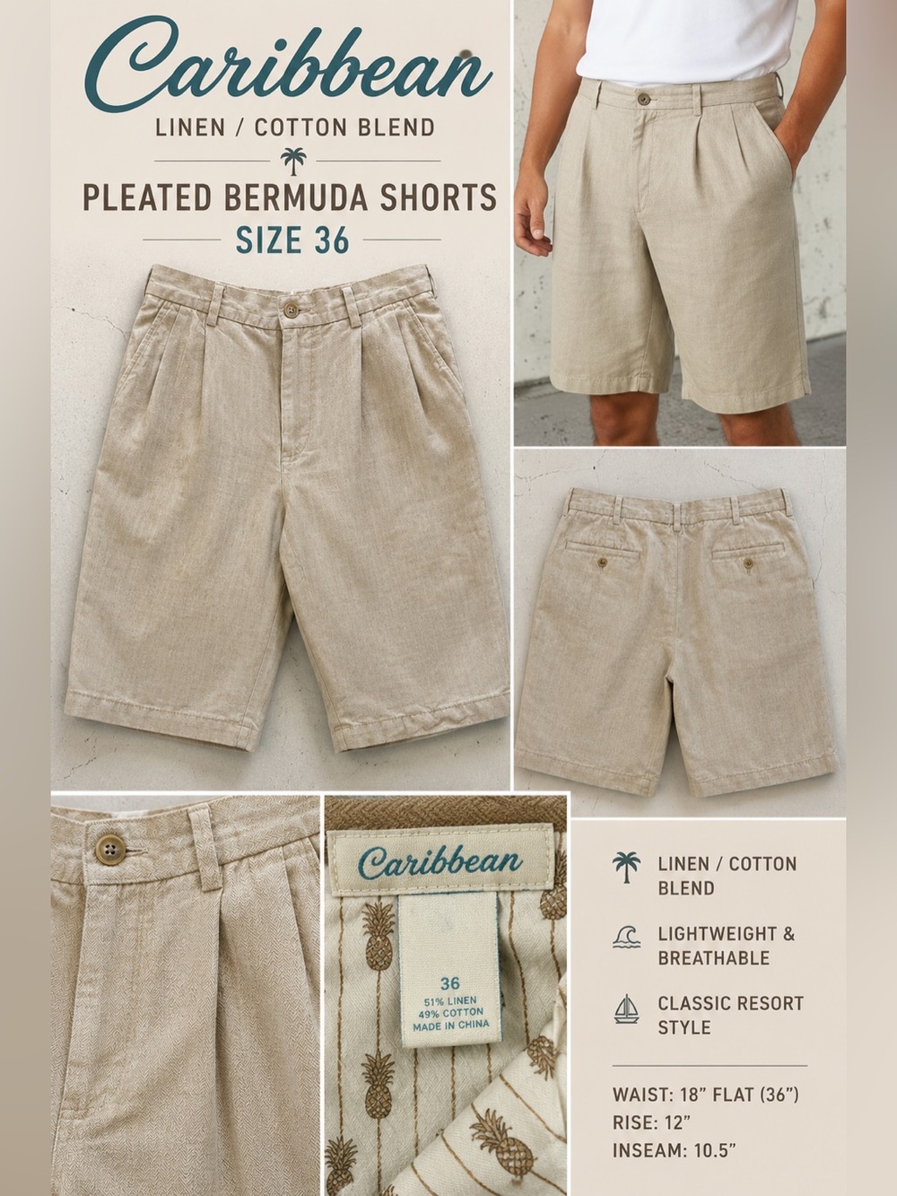Caribbean Linen Cotton Blend Herringbone Pleated Bermuda Shorts Size 36 Beige